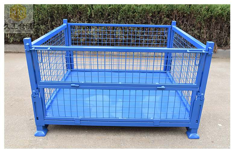 金屬周轉箱噴塑天藍色鐵皮箱，金屬箱展示圖，折疊存放便捷儲存，南京周轉箱廠家-久工倉儲設備