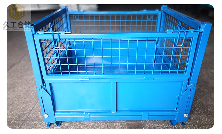 金屬周轉箱噴塑天藍色鐵皮箱，金屬箱展示圖，折疊存放便捷儲存，南京周轉箱廠家-久工倉儲設備